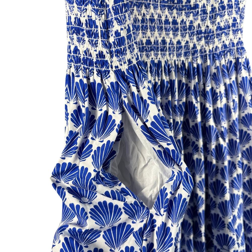 Kate Spade New York XXL Blue White Shell Print Smocked Midi Dress Cotton Pockets - Picture 10 of 11